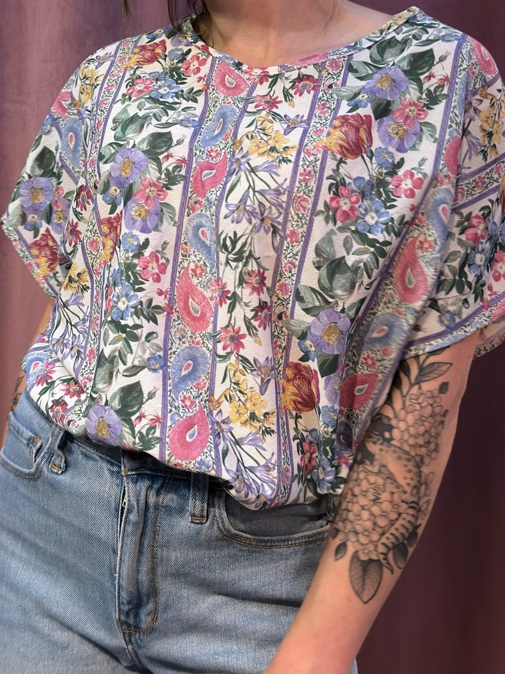 Vintage Floral Paisley Short Sleeve Blouse Colorful Retro Small Medium
